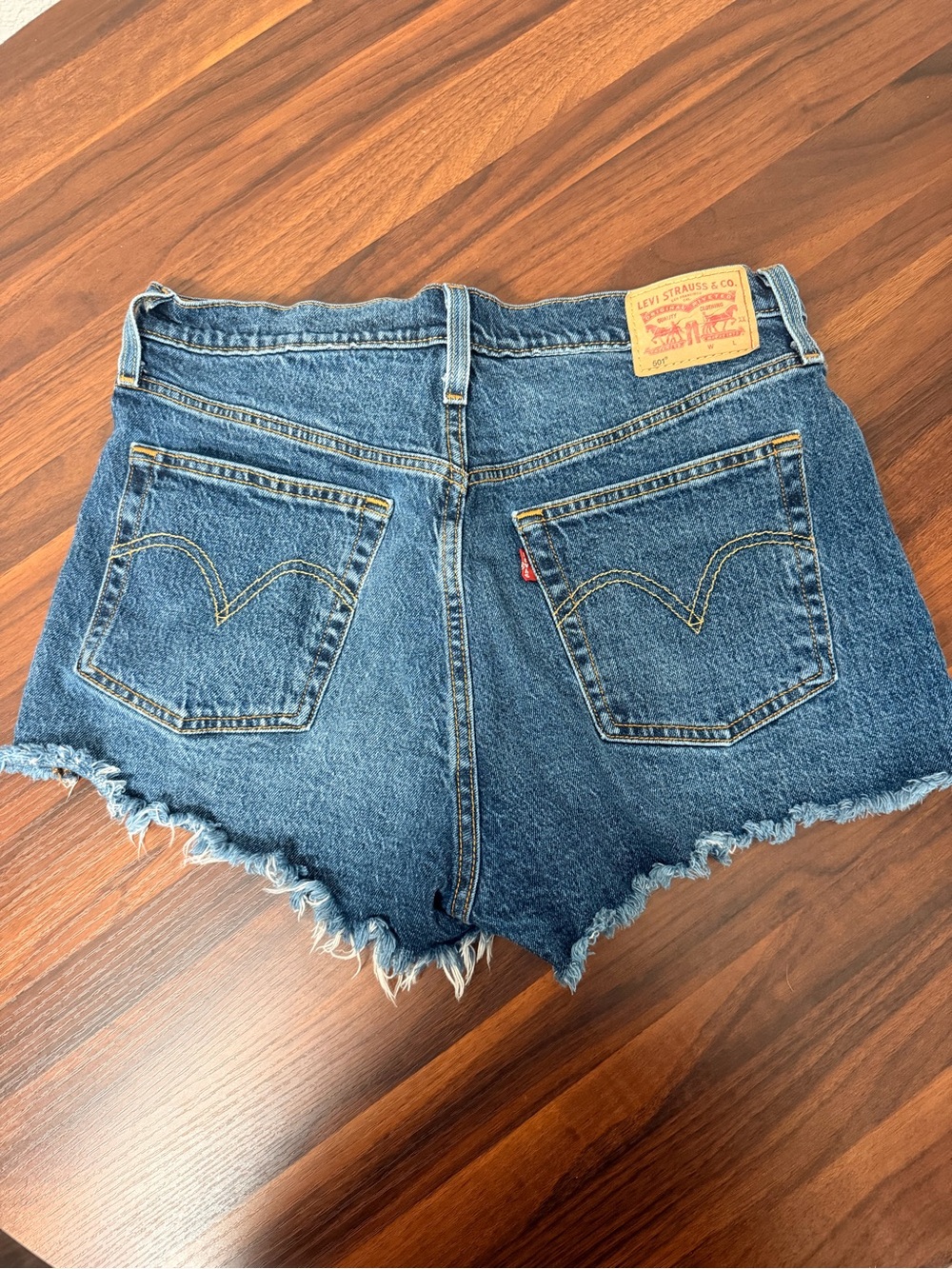 Levi's Dark Blue High-Rise Frayed Denim Shorts